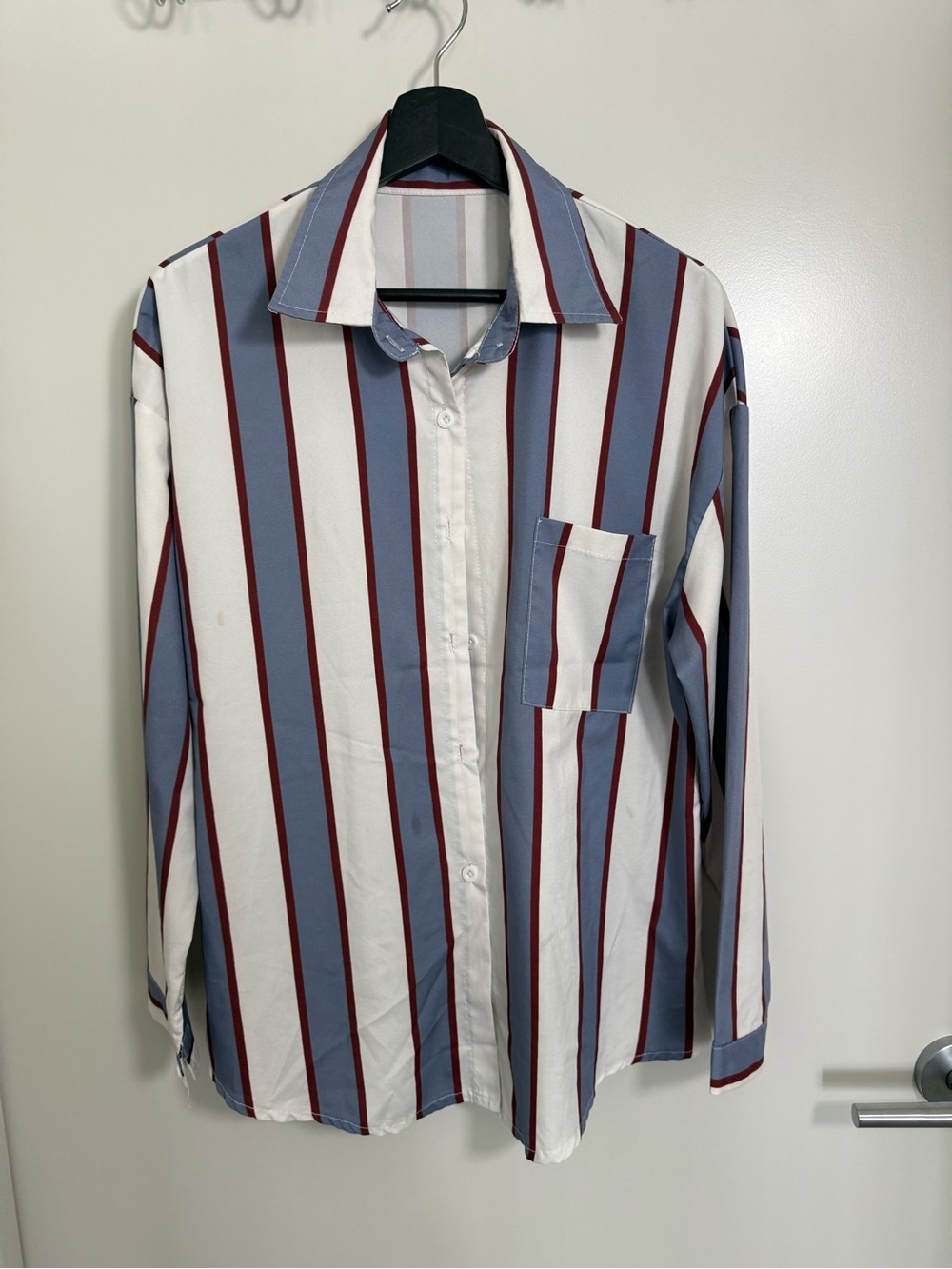 Women’s Long-Sleeve Button-Down Shirt in White with Blue and Burgundy Stripes